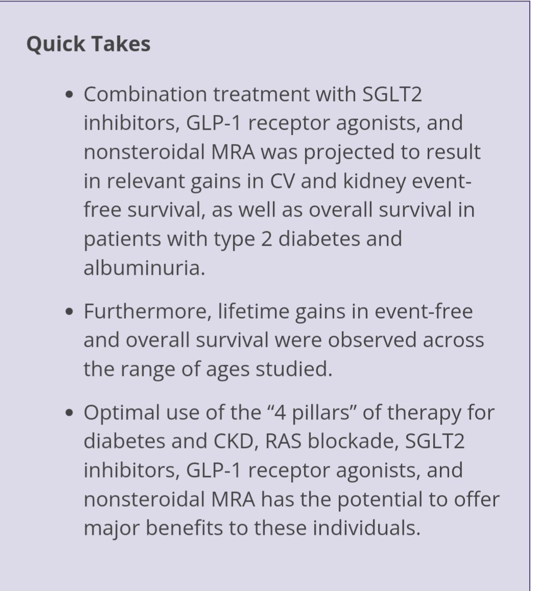 🔴 What are the lifetime gains in cardiorenal event-free & overall survival with a combination Rx of SGLT2i, GLP-1 RA, & the ns-MRA finerenone compared w/ conventional care in pts with type 2 diabetes & albuminuria?
 bit.ly/3UKLJu3 #cvPrev
#cardiology #CardioTwitter