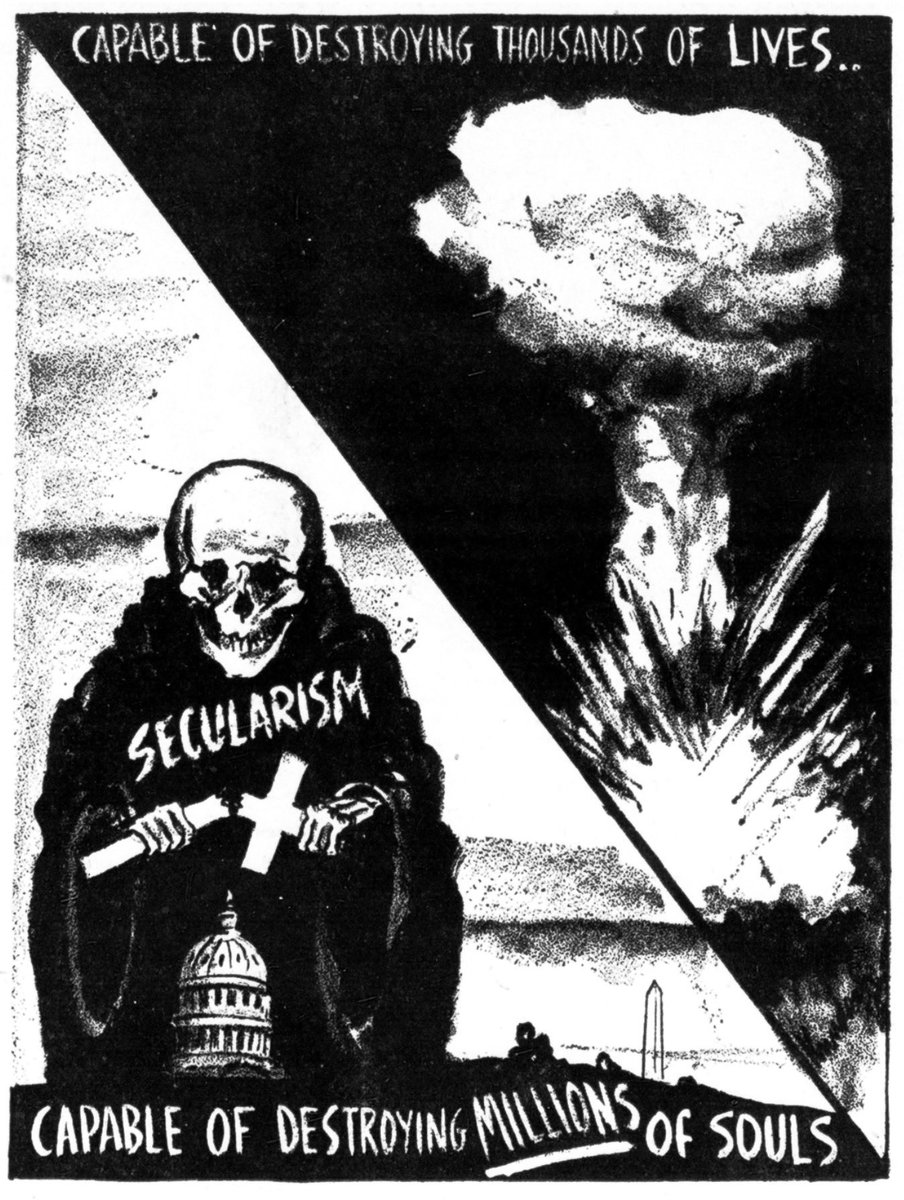 propagandopolis's tweet photo. American Catholic cartoon comparing secularism to a nuclear blast. Published in The Catholic Times newspaper, 23 May 1953. https://t.co/QD6kYgrm6t