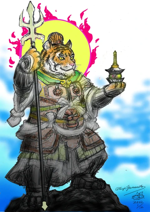 再掲『虎の毘沙門さま』A3ボード(2022年)とその下絵下絵では空も描こうかと思っていたのですが画面がうるさくなるのでやめました 