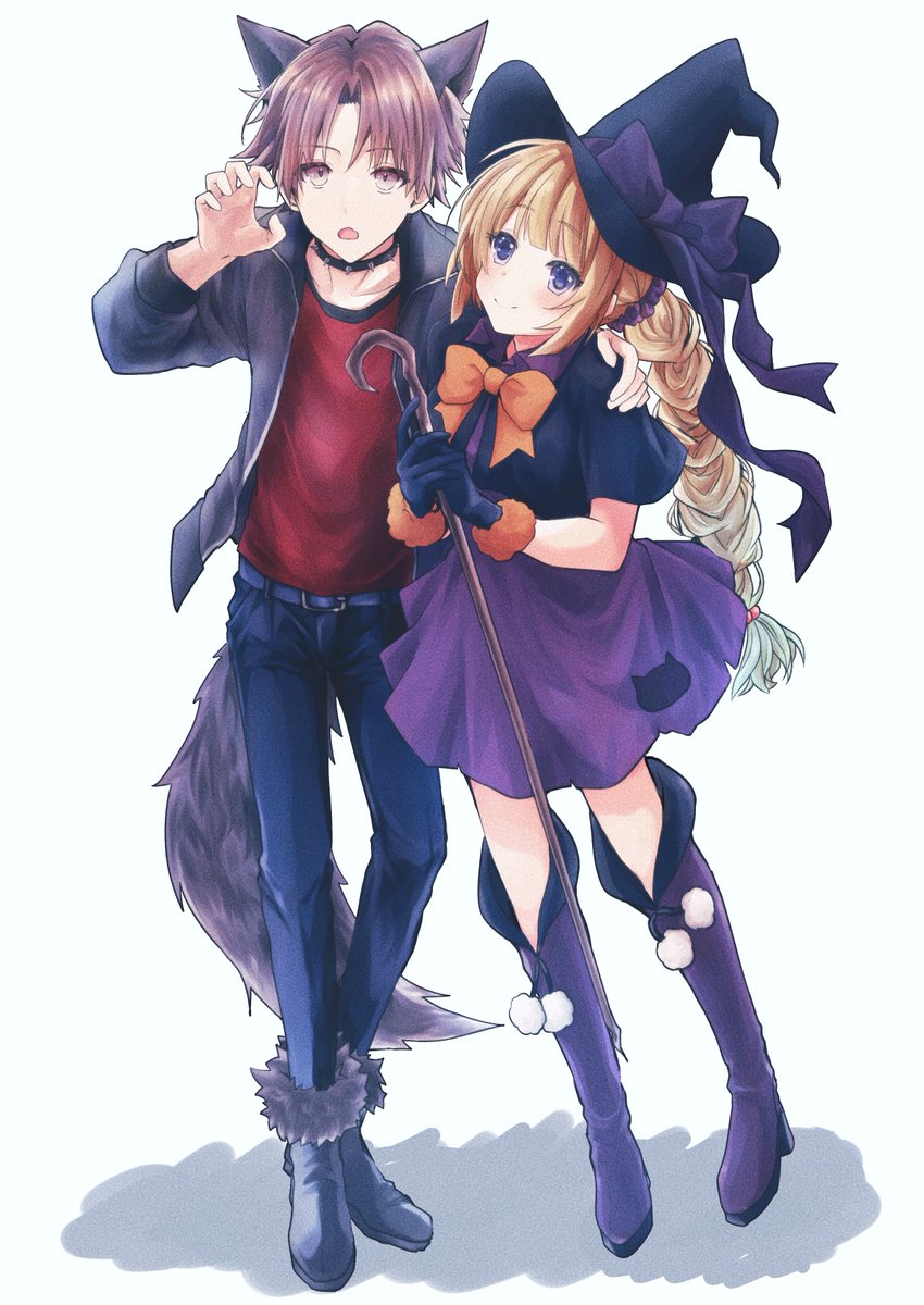 1girl 1boy witch hat hat animal ears braid halloween costume  illustration images