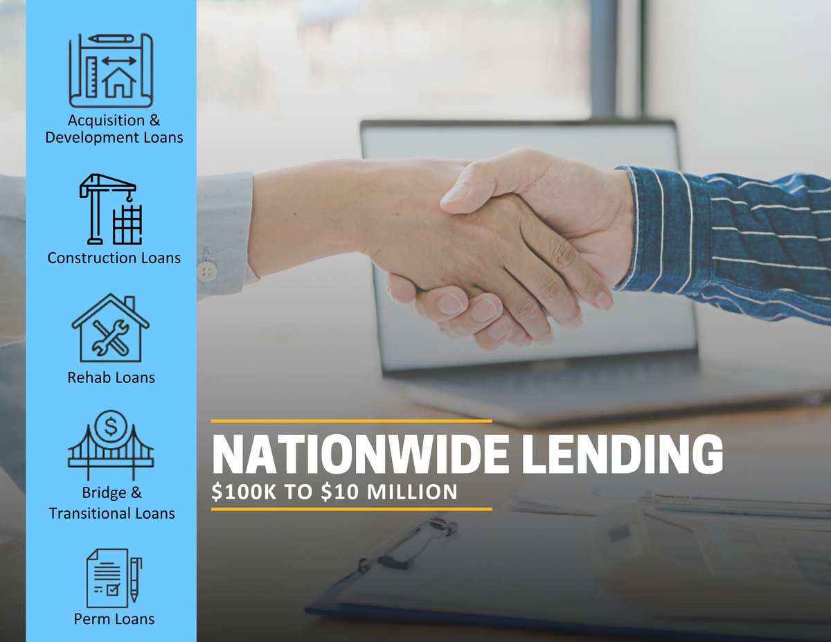 We are actively lending nationwide on loans from $100k to $10million. 

To learn more, visit us at usrealestateloans.com.

#cre #refinance #creinvestor #loans #realestate #debt #realestateagents #debtfinancing #lender #commercialrealestate #investmentproperty #constructionloans