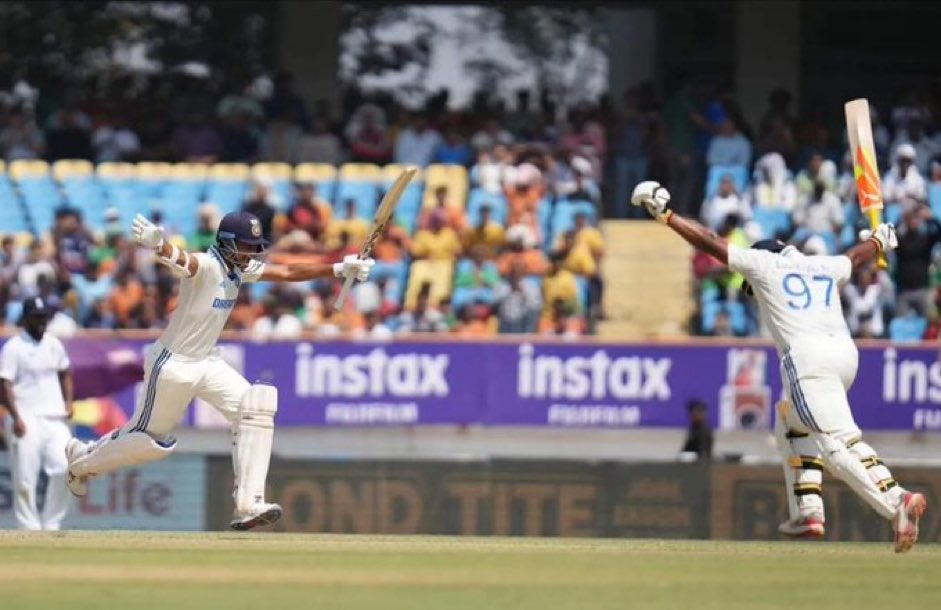 The photo that will stay in memory. <a href="/ybj_19/">Yashasvi Jaiswal</a> once stayed in a tent at Azad Maidan.. Sarfaraz Khan lived in a Mumbai slum. Today, the duo lit up Rajkot and all our hearts. Best was when they celebrated in unison Jaiswal’s remarkable double ton. Thank you to these two young men from