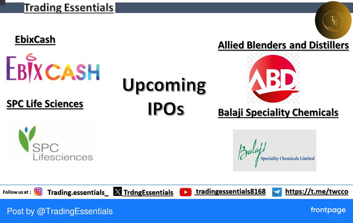 Upcoming Mainline IPOs
#finance #money #trading #investing #Resultcalendar #investment #stock #stockmarket #nse #nseindia #bse #bseindia #indiastockmarket #stocks #Sharemarket #education #wealth #ebixcash #cash #financialnews #trdge... #frontpage_app