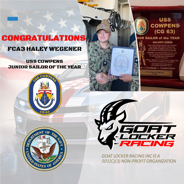 RacingLocker's tweet photo. Congrats to FCA3 Haley Wegener on her selection as the @uss_cowpens (CG 63) Junior Sailor of the Year! Her uncle Brandon Wallace races in the JAM Printing & Promotions Truck Series broadcasted by @podiumesports. BZ PO3 Wegener!
#usnavy #veterans #onelapatatime #speedtherapy https://t.co/HhGtBwhFqz