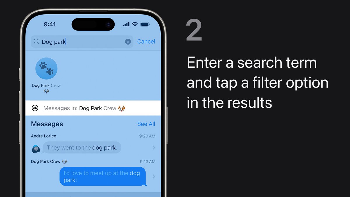 AppleSupport's tweet photo. Looking for a photo, link, or text a friend sent you in Messages? You can use search filters to find it fast.

Here’s how, in iOS 17. https://t.co/lDfB0KRR9e