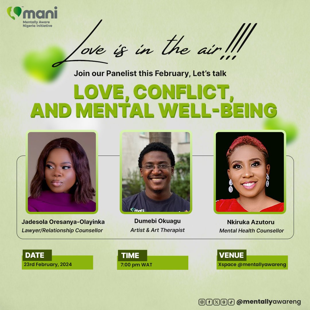 MentallyAwareNG's tweet photo. Drum roll !!
It’s that time of the month again
We would be having our monthly X Space on the 23rd of February and guess what?
We are unravelling ‘Love, Conflict, and Mental Well-being’.
I wouldn’t miss it if I were you. Save the date!
#MANITwitterSpace
#MANITalks
#LoveandMentalHealth