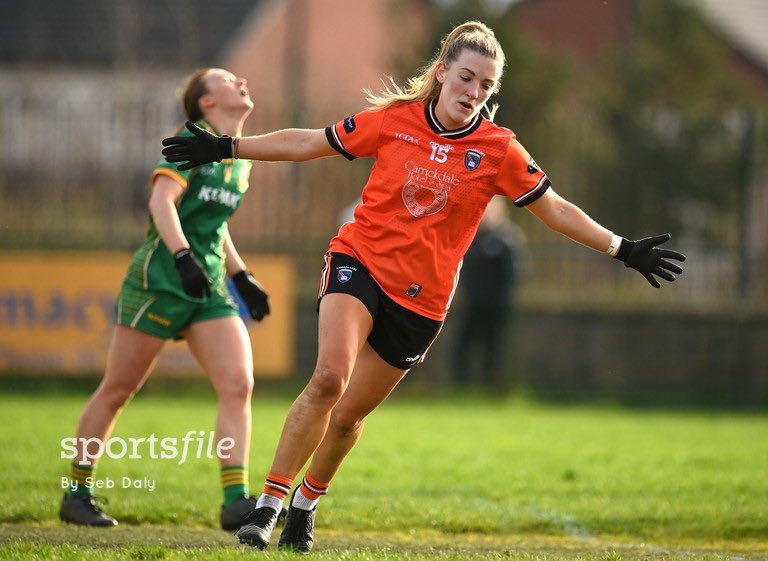 Kelly Mallon of Armagh celebrates after scoring her side's second goal during the Lidl LGFA National League Division 1 Round 4 against Meath at Donaghmore Ashbourne GAA Club. 📸 @sebaJFdaly sportsfile.com/more-images/11…