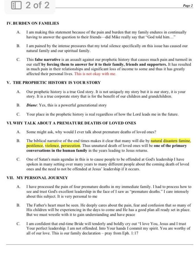 benpanders0n's tweet photo. Just hours before Tammy Woods’ interview with the KC Star, Mike Bickle sent her this “script” that he was preparing to use in a video to be made with his wife Diane on January 30th.

🚩 He refuses contact with outside leaders but has no problem running his ideas by one of his victims.

🚩 Notice how he uses terms like “our staff”, “our prophetic history”, “our story” and references his relationship to the leadership team. How could someone who is truly permanently separated from the ministry use that kind of language?

🚩 He makes it clear why he made this statement - “because of the pain and burden that MY family endures” - not to express any kind of sorrow for his actions or the pain he has directly caused to countless people. It’s a textbook DARVO example where he is now portrayed as the real victim here.

🚩 And where does this “pain” he and his family are enduring come from? The criticism of the prophetic history. It’s clear that there’s still nothing he’s more obsessed with than upholding the veracity of this “narrative”.

🚩 He continues to blame all this on “Satan’s agenda” to cause us to be “offended at God’s leadership.” This is not far off from a sentiment that is still held by some current leaders who are hanging onto the idea that this is the Black Horse and IHOP is under a demonic attack against the prayer movement.