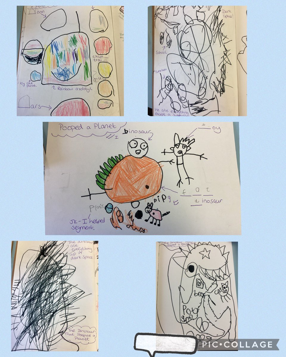 Many children in Dosbarth Bluebell have a strong interest in dinosaurs. We invited children to a ‘Dinosaur that Pooped a Planet’ Drawing Club where we discussed space, dinosaur diets and anything else that came out of the children’s drawing.