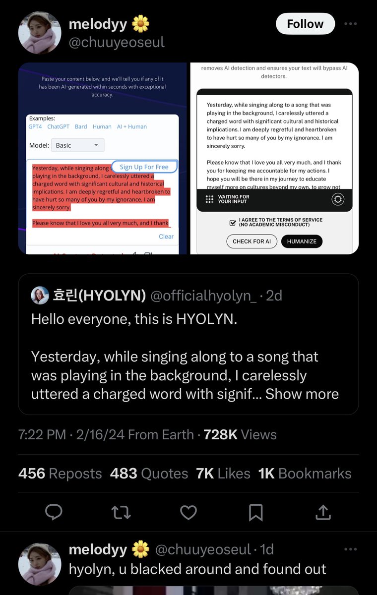 @xhyolynx05 They were just trying to say she used AI to write her apology, by running it thru AI detection. But they’re very inaccurate and doesn’t prove anything