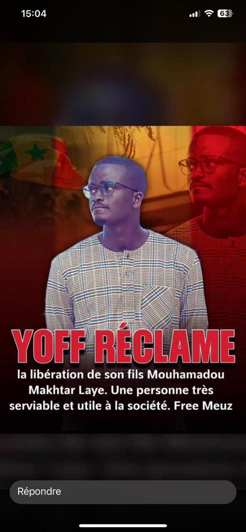 Jamil558825432's tweet photo. #FallaFLEUR
#GuyMariusSagna
#Mor_Gaye_ciss_

Matar Laye Fils de Yoff
Arrêter depuis le 2 Août à Reubeuss

Liberté Pour lui🇸🇳🙏

#FreeSenegal 🇸🇳 https://t.co/stLdSlTJUq