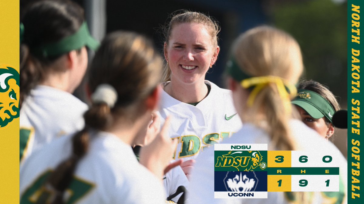NDSUsoftball's tweet photo. Bison Win! Piper Reed finishes with nine strikeouts to lift the Bison to a 3-1 win over UConn! #GoBison 🤘 https://t.co/w8KY0gYHtl