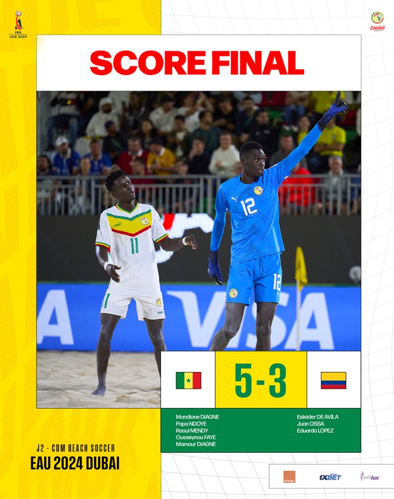 Le Sénégal s’impose 5-3 contre la Colombie et enregistre sa première victoire dans cette Coupe du Monde de Beach Soccer. Nos lions de la plage joueront leur 3e match de poule le 20 février contre le Japon. #WCBS2024 🌏⚽️🏖️