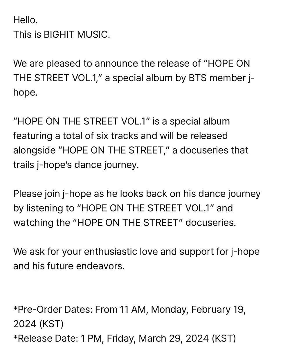 charts_k's tweet photo. “HOPE ON THE STREET VOL.1” is a special album featuring a total of six tracks and will be released alongside a docuseries that trails j-hope’s dance journey!

Pre-order: Feb 19
Release date: Friday, March 29 (12AM ET/1PM KST) https://t.co/g1uTiiuRDm