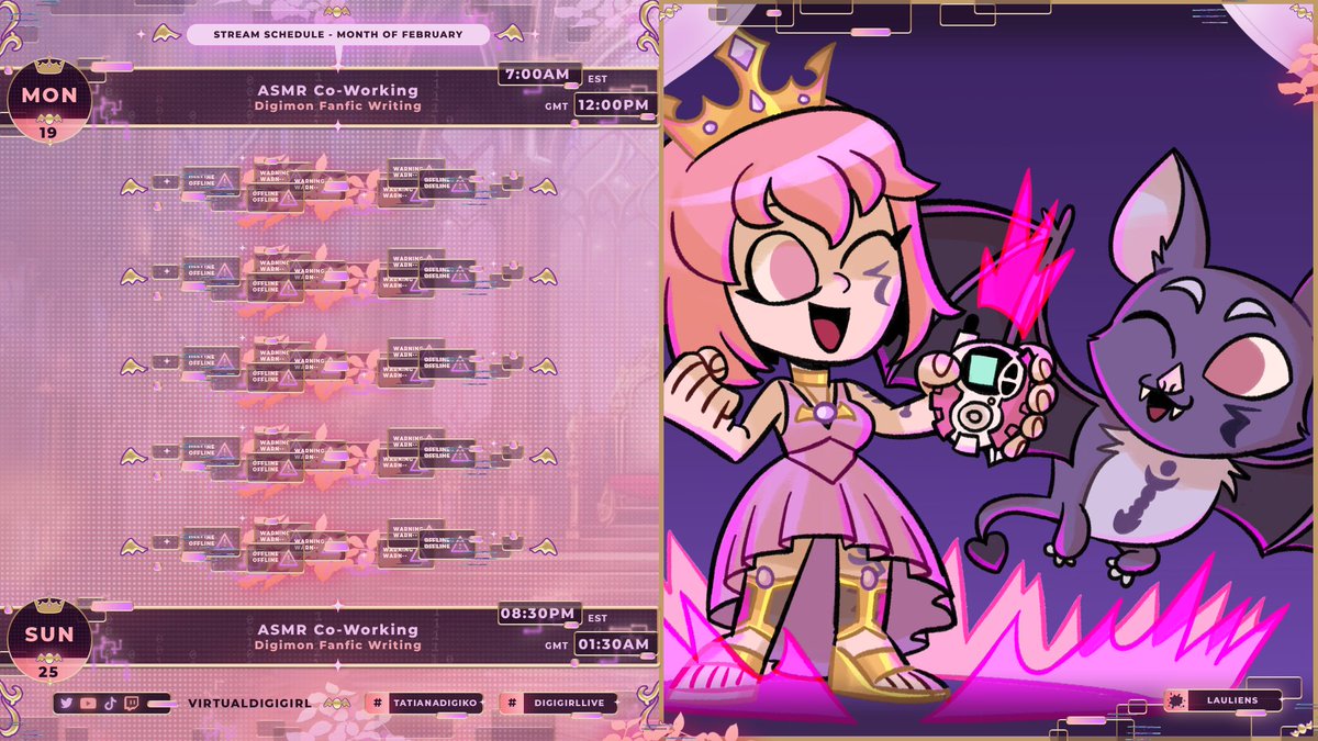 TatianaDigiko's tweet photo. โค Stream Schedule โค
Only two streams this week. Mostly likely will have mandatory overtime for Saturday so yeah.
#TatianaDigiko | #Vtuber | #Digimon | #ใใธใขใณ | #digituber | #supersweetbot | #WritingCommunity | #DigiGirlLive https://t.co/l0YgK0G7Mr