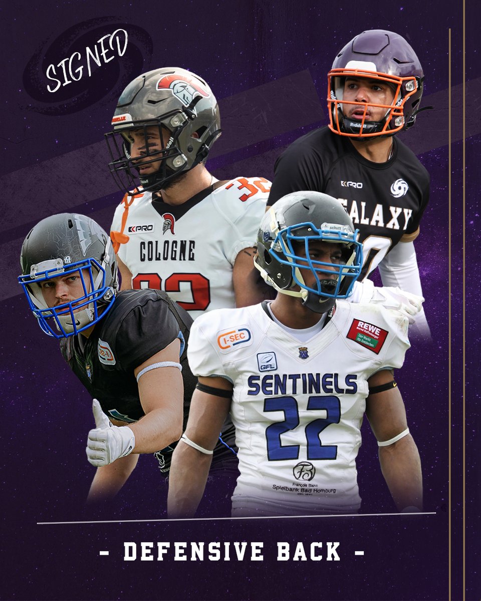 FFM_Galaxy's tweet photo. We are incredibly excited to have Robin Maier, Leon Meissner, Efekan Akgün and Enrico Chagoya joining the Galaxy as Defensive Backs for the 2024 season!😈🔥
#FrankfurtGalaxy #PurpleFamily #PurpleHell #AmericanFootball #EuropeanLeagueofFootball #DefensiveBack https://t.co/fkGa8F0kv8