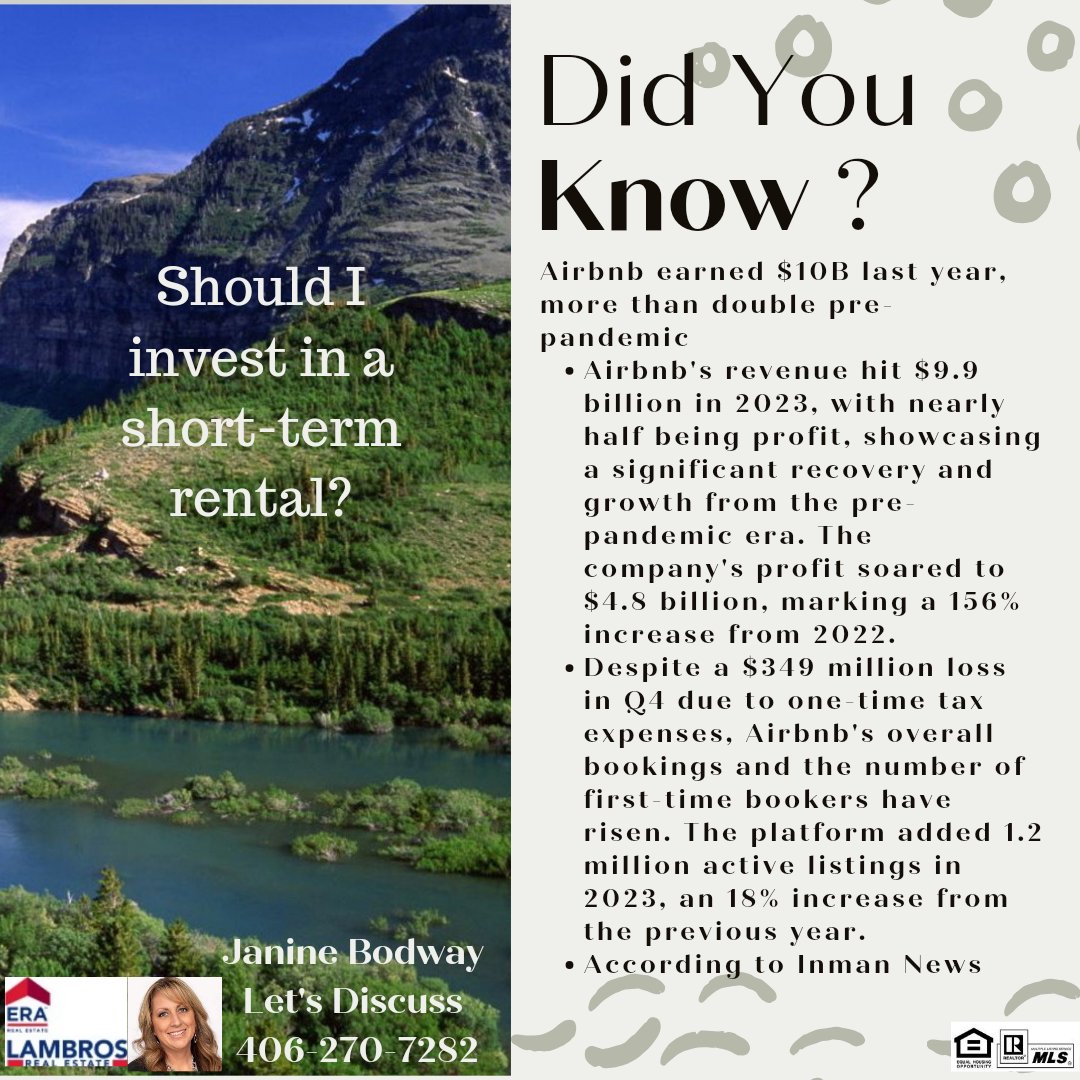 Considering a short-term rental for your next investment? What a great topic to explore further, and I'd love to discuss the growing Montana market with you. 
#shorttermrental #investinginrealestate #airbnb #vrbo #mtrealestate #MTrealtor #MTbroker #janinebodway #ERAlambros