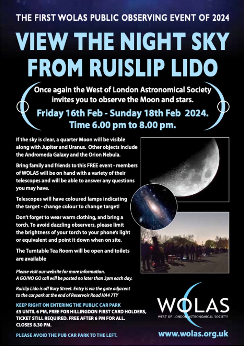 We have public observing tonight at Ruislip Lido, 6-8pm, free of charge. Observe the Moon and Jupiter through our telescopes. Details on poster.