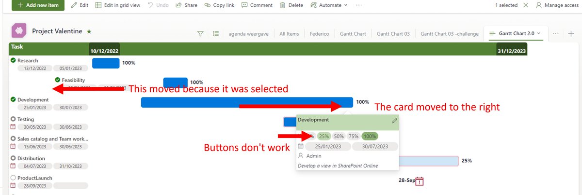 gdekooter's tweet photo. I am seeing big problems in the new #SharePoint #list #viewformatting. 
Actions don't work in customcards and lines are indented when clicked while they should not. 
Are more people seeing this?
@techan_k , @theChrisKent https://t.co/BeB7lTuTgo