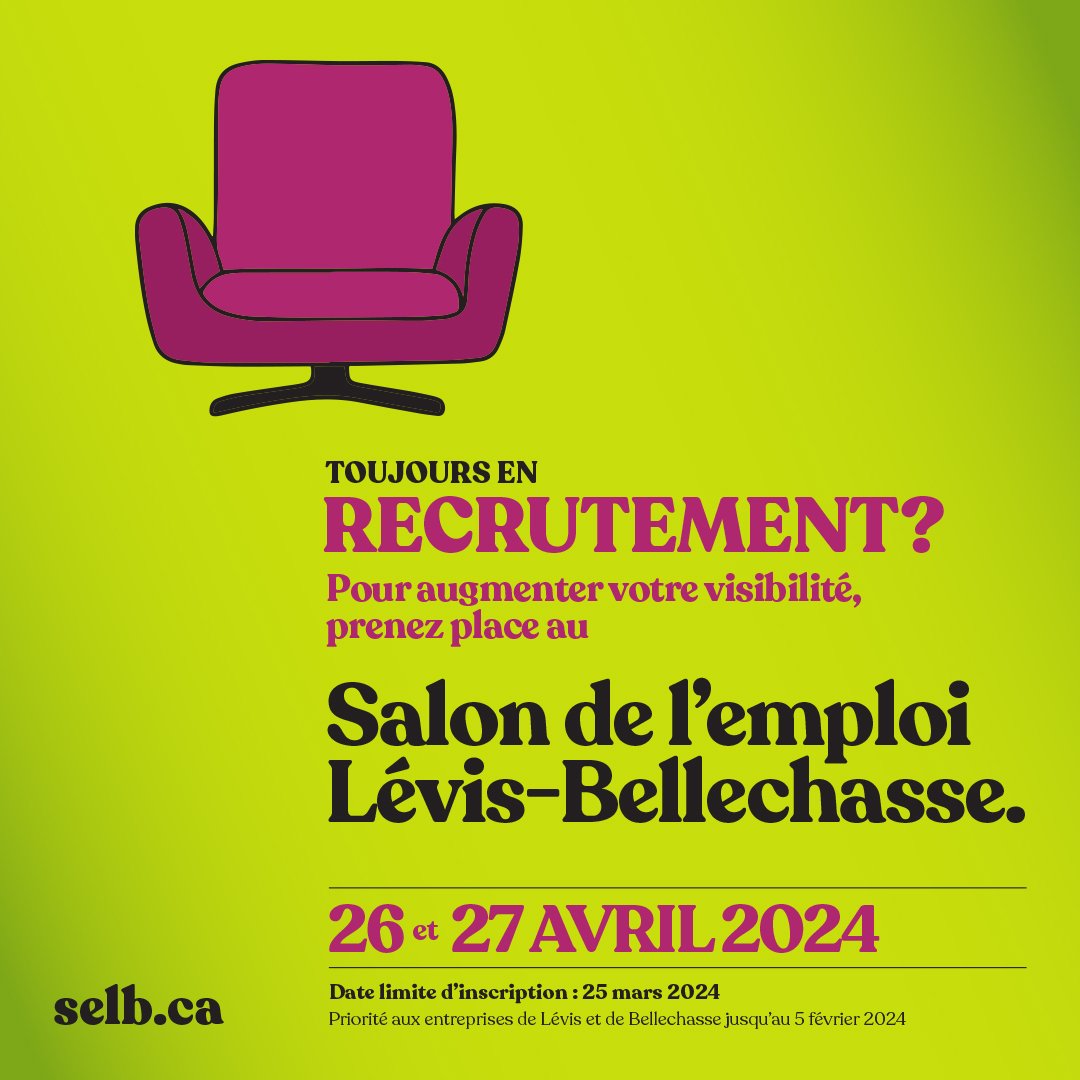 salonemploi_lb's tweet photo. Toujours en recrutement?
Le Salon de l'emploi Lévis-Bellechasse revient et s'installe dans Bellechasse!
26 et 27 avril 2024
Centre récréatif de Saint-Henri
https://t.co/I2PCjoRv0g
Infos Marie Leclerc
581 745-1726
selb@cestmoncarrefour.com https://t.co/Zop0uksYAI