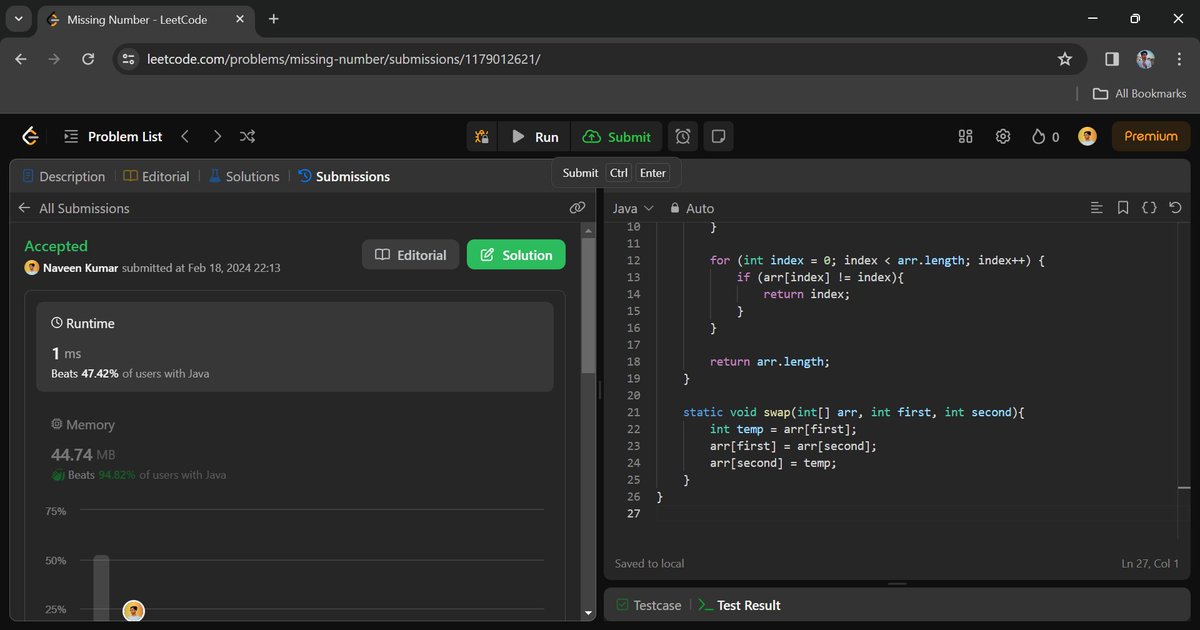 naveen_kumar178's tweet photo. 🚀 Round 2️⃣
Day 28 of #100DaysOfCode Challenge 🚀

✨ Today's Progress:

🔄 Learned about Cycle Sort algorithm for efficient sorting 🛠️
🔍Solved a LeetCode question: "Missing Number"💻

Continuing to expand algorithmic knowledge and problem-solving skills!💡
#CycleSort #leetcode https://t.co/mfjD344xyw