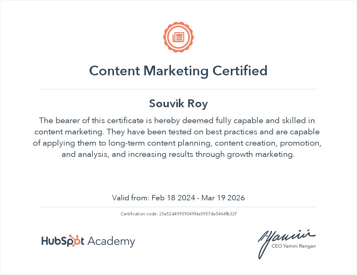 souvikroytweets's tweet photo. I just got my Content Marketing Certification from HubSpot Academy https://t.co/suFOq0Xaw7

#contentmarketing #certification #hubspot https://t.co/1VgBYHAsQf