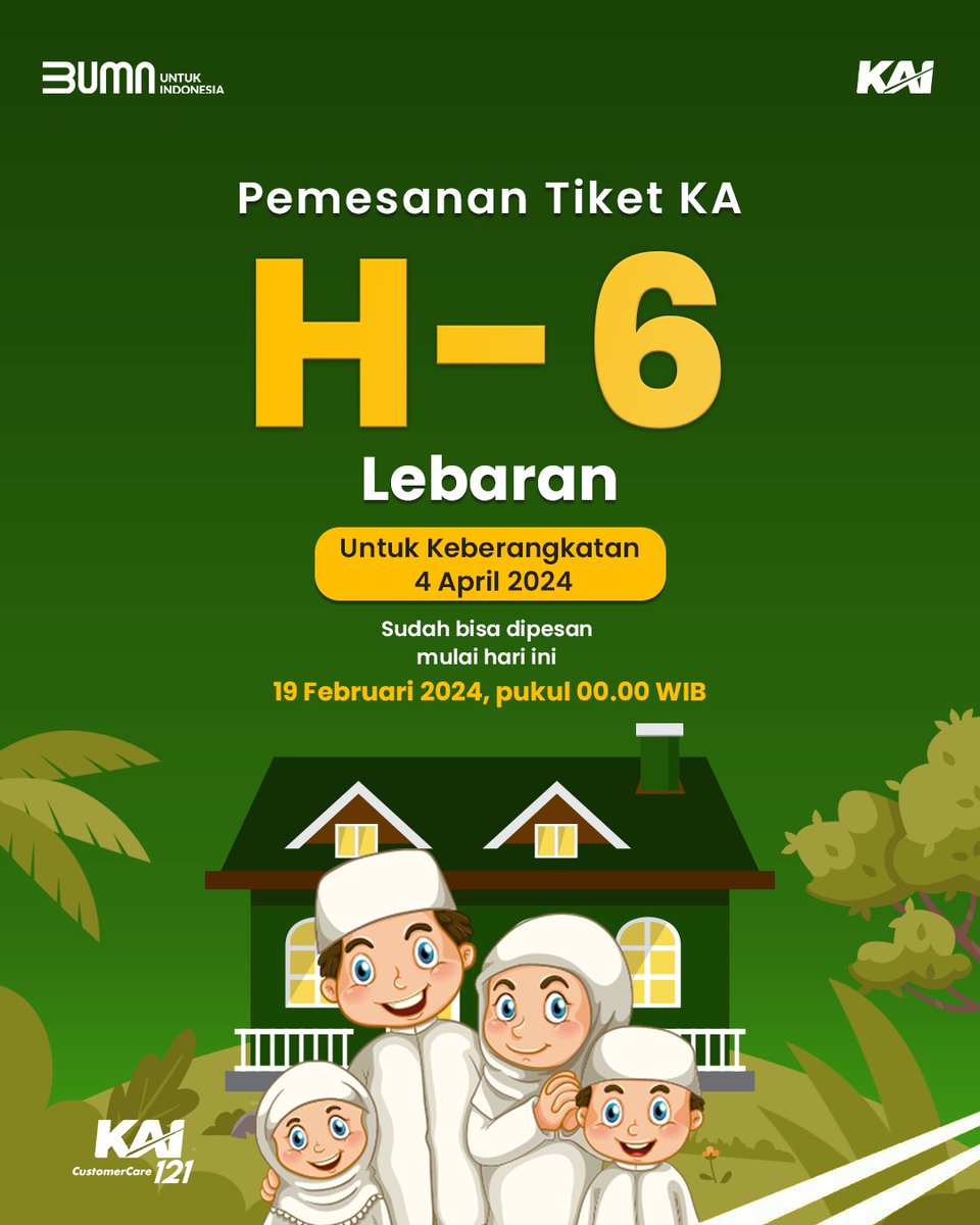 Pemesanan tiket KA masa angkutan Lebaran untuk keberangkatan 4 April 2024 (H-6 Lebaran) sudah bisa dipesan hari ini, mulai pkl. 00.00 WIB. Pemesanan dapat dilakukan melalui: aplikasi Access by KAI, website booking.kai.id, Contact Center 121, aplikasi online travel…