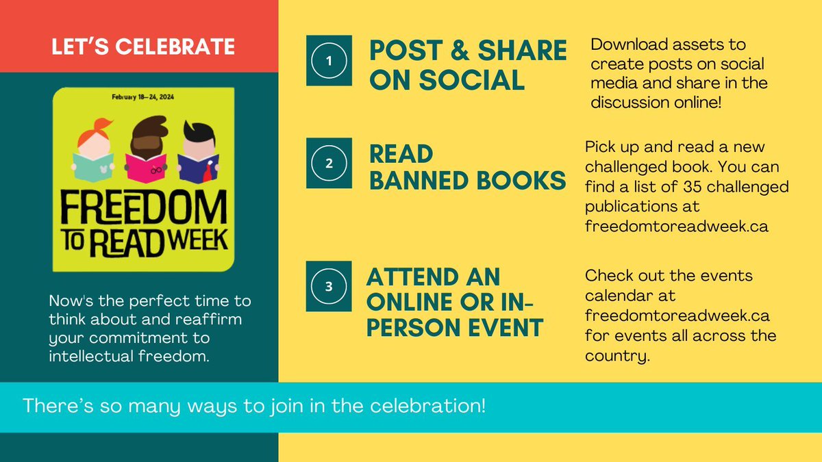 It's Freedom to Read week! Celebrate with us and reaffirm your commitment to intellectual freedom. There are many ways you can join in the conversation. Visit bit.ly/49h2xgD for resources, downloadable assets, event information and more! . #freedomtoread #FTRWeek