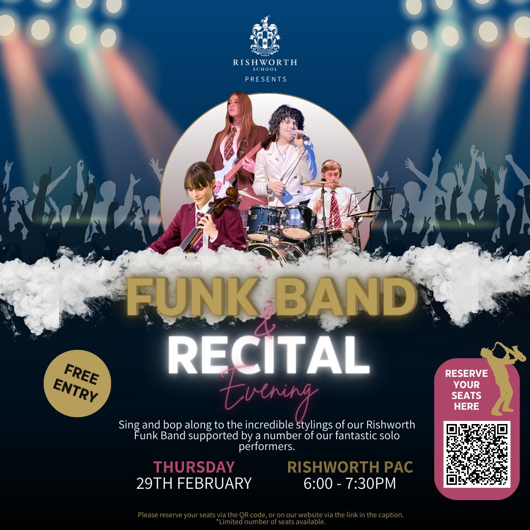 🎺🎶 We invite parents, guardians and friends to join our fantastic funk band and soloists as they showcase their talents in an evening of rhythm and melody on Thurs 29th Feb.

Reserve your tickets here:
➡️ rishworth-school.co.uk/school-life/ev…

<a href="/RishworthMusic/">Rishworth Music</a> #funkband #soloists #rishworth