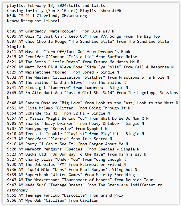 my @WRUW playlist this am ft: @Grandaddy @KJMascott @Jennifer_Kiam @choochoolarouge @mattpondpamusic @enattendantana @elizamclamb @schandetheband @snarlsband @cheekfaceREAL @teensintrouble @pouty__official @MammothPenguins @ducksltdband @theumbrellassf @liquidmikeband