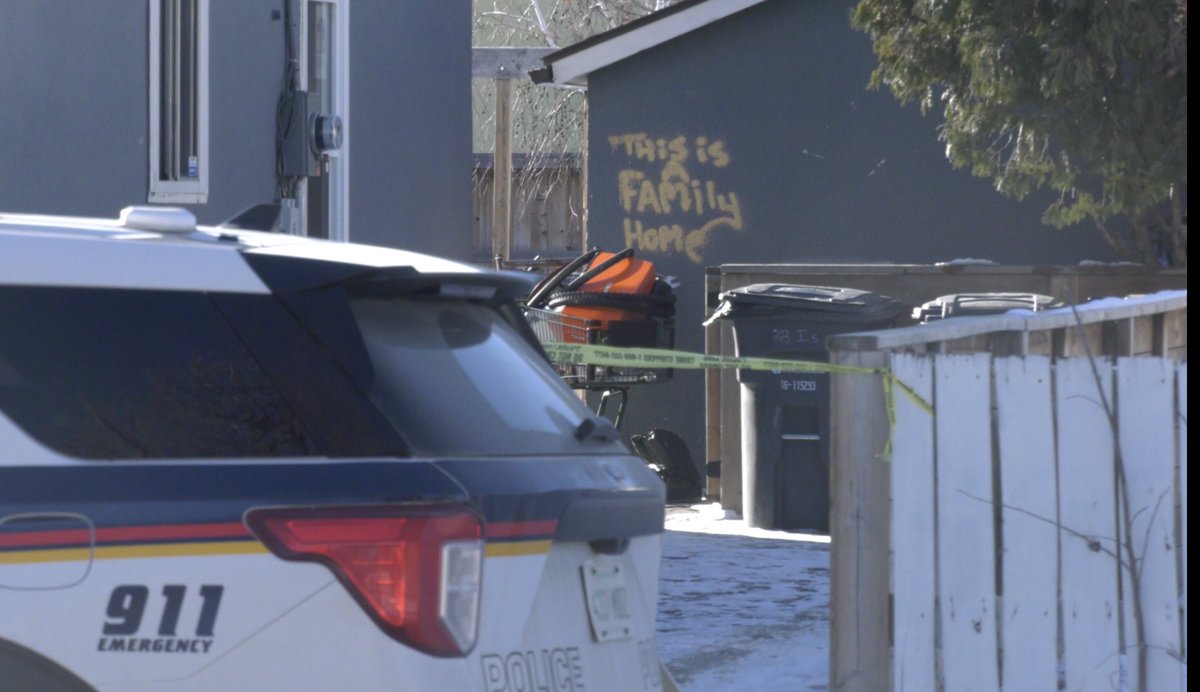 Chilling graffiti on the property where a fatal shooting took place in #saskatoon on Saturday marking the third homicide of the year. #saskatchewan #YXE