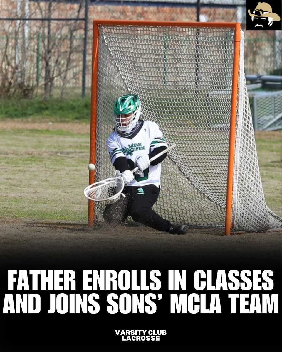 VarsityLacrosse's tweet photo. 45 y/o Rory Sanders is suiting up in net for North Texas this season after enrolling in school to earn a Organizational Supervision degree. His son Ethan is the team’s DC after playing on the team and graduating last season and his other son Wesley is a midfielder on the team. https://t.co/Ij0PQgXWUY