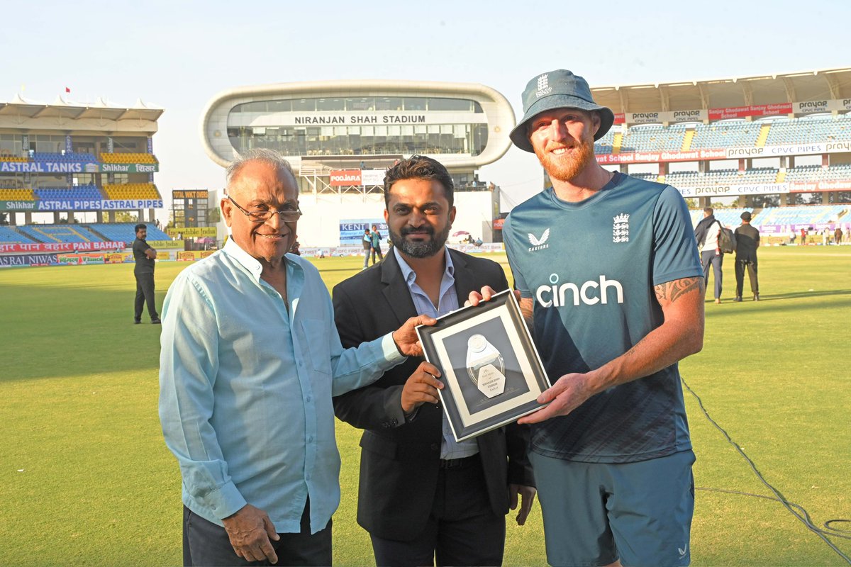 Saurashtra Cricket (@saucricket) on Twitter photo Saurashtra Cricket Association felicitated Ben Stokes for playing 100th Test Match at Niranjan Shah Stadium. Memento was presented by Shri Niranjan Shah, former Hon. Secretary of BCCI and Shri Jaydev Shah, President of SCA <a href="/benstokes38/">Ben Stokes</a> <a href="/ECB_cricket/">England and Wales Cricket Board</a> <a href="/BCCI/">BCCI</a> Saurashtra Cricket Association felicitated Ben Stokes for playing 100th Test Match at Niranjan Shah Stadium. Memento was presented by Shri Niranjan Shah, former Hon. Secretary of BCCI and Shri Jaydev Shah, President of SCA <a href="/benstokes38/">Ben Stokes</a> <a href="/ECB_cricket/">England and Wales Cricket Board</a> <a href="/BCCI/">BCCI</a>