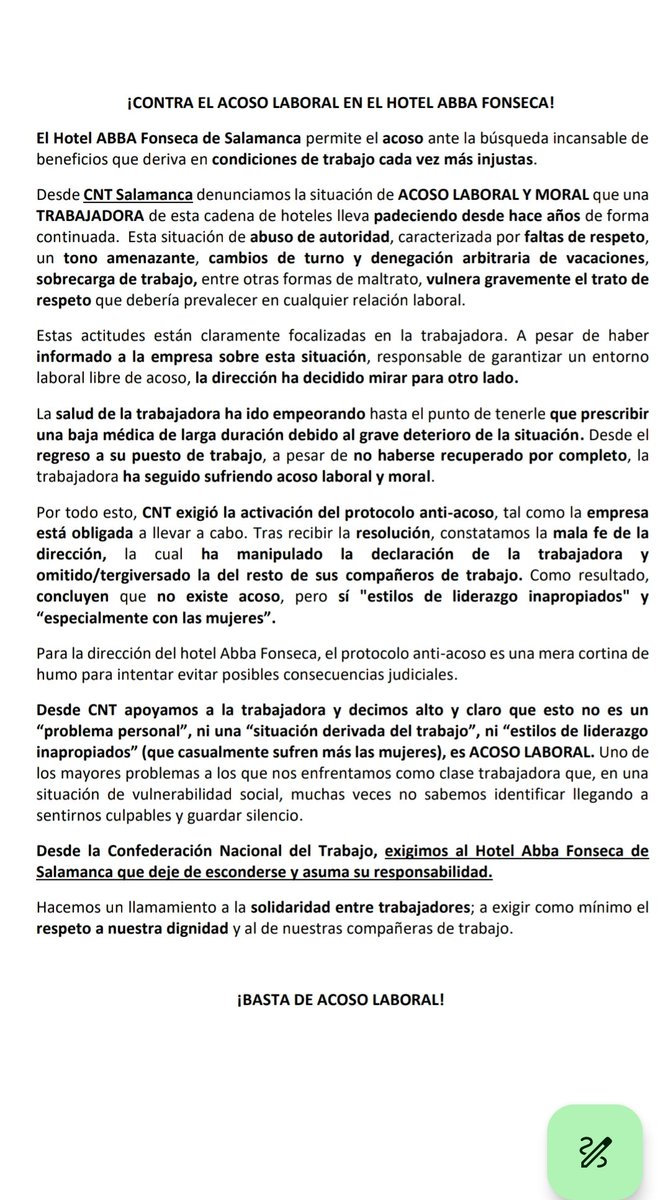 ¡Contra el acoso laboral en hotel Abba Fonseca!