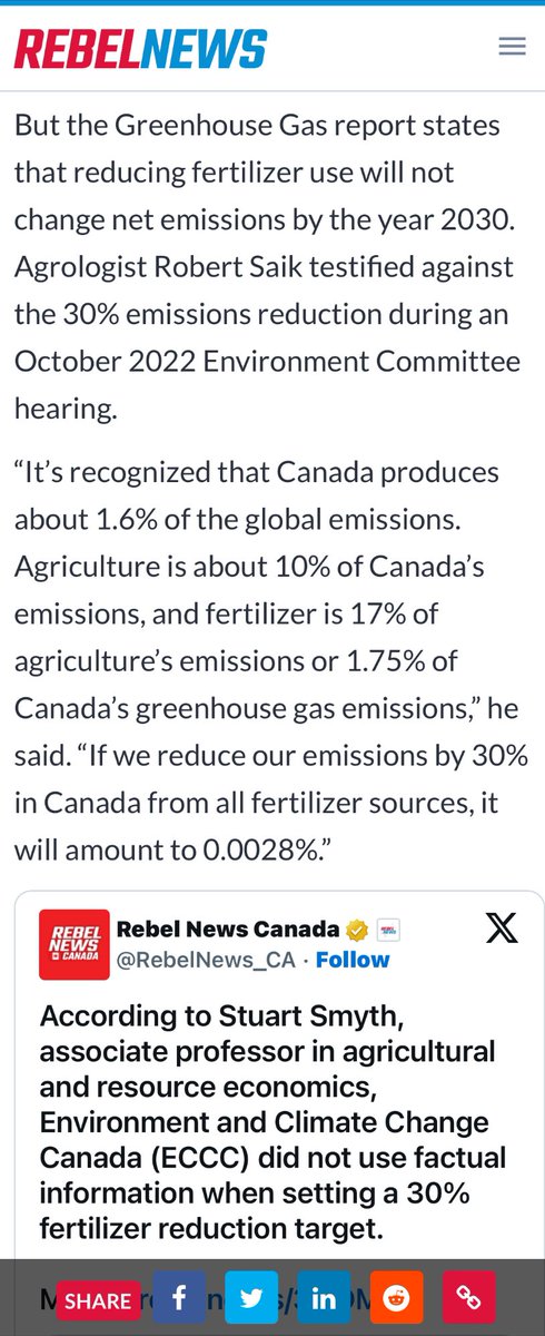 A 30% reduction in Canada's Nitrogen use would make to the worlds's GHG emissions is actually .000028%. I was slightly overstated in the article regarding my deposition to the Federal Standing Policy Committee on the Environment.