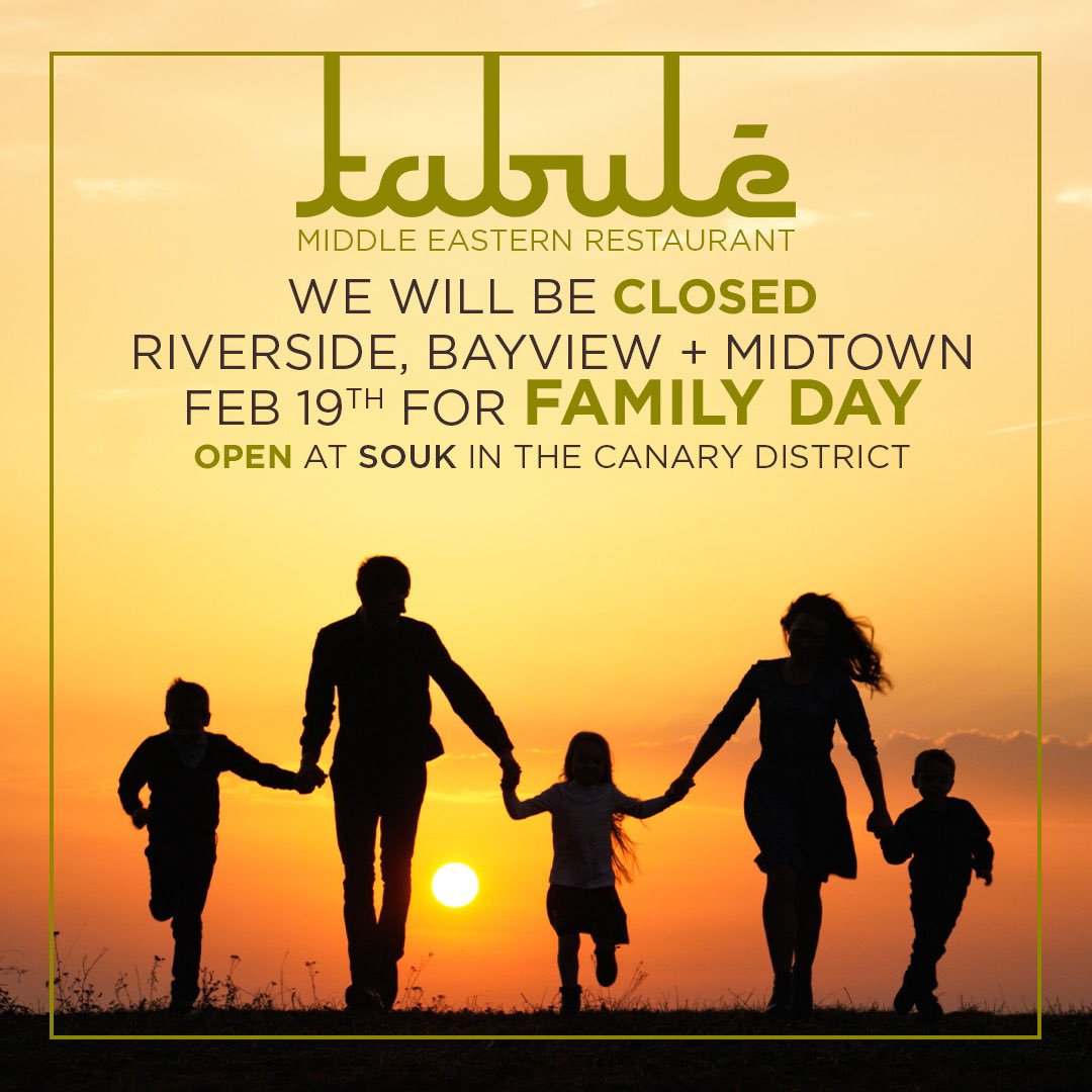 Tomorrow is #FamilyDay and we will be CLOSED at our @RiversideBIA @midtownbia and @BVShops locations OPEN at Souk in the @CanaryDistrict 🍴🫶 #TabuleMiddleEastern