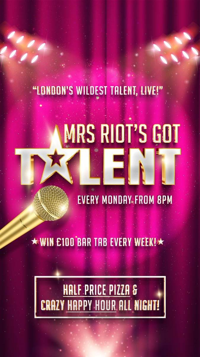 Girlies, Gays and Theys! 

Mrs Riot Got Talent starts TOMORROW⚡️

Join us for 8pm to see who will win our first £100 bar tab!

Got a weird or wonderful talent you want to show off? Come and join us by submitting your talent here: mrsriotlondon.com/mrs-riots-got-…