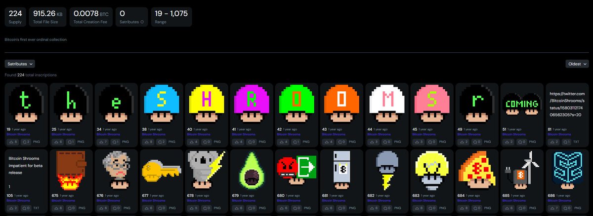 To understand this you need to learn about the background of the <a href="/BitcoinShrooms/">BitcoinShrooms</a> which have a supply of 222 in total.

The first 12 share the same meaning of announcing the arrival of the Shrooms while they've also been inscribed even earlier than the rest. (#19 - #51)

🧵(7/21)