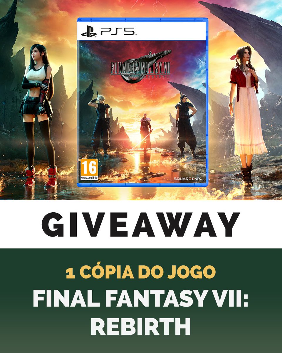 GIVEAWAY 🎁

Vou sortear 1 cópia do Final Fantasy VII REBIRTH ☄️

Para participar tens de:
• Seguir-me no Twitter
• Retweetar este post
• Tagar um fã de FINAL FANTASY

Termina a 2 de março às 23h59. APENAS 🇵🇹🇧🇷
