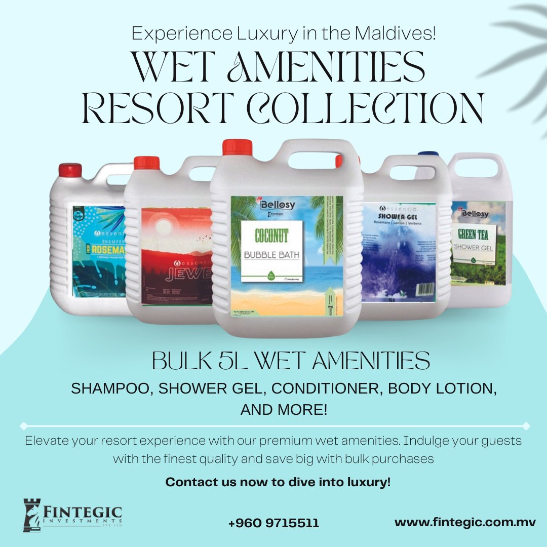 Call us now - +960 9715511

#MaldivesLuxuryResorts #WetAmenities #Bulk5L #ResortLife #LuxuryEscape #HospitalityExcellence #fintegic #resorts #maldivesresorts #Fintegic #fintegicinvestments #reosrttsupply #resortamenites