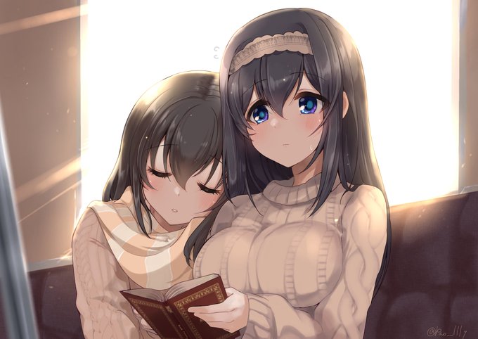 【絵】電車移動中に寝落ちする肇ちゃんと、ちょっとびっくりしてる文香 