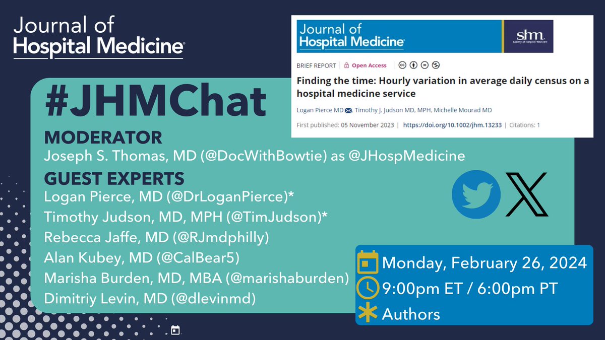 Journal of Hospital Medicine (@jhospmedicine) on Twitter photo 📅 SAVE THE DATE!
February #JHMChat coming up Monday, February 26, 2024!
We're discussing "Finding the time: Hourly variation in average daily census on a hospital medicine service" by <a href="/DrLoganPierce/">Logan Pierce</a> <a href="/TimJudson/">Tim Judson</a> <a href="/michelle_mourad/">michelle mourad</a>
👀 Guest expert lineup!
bit.ly/42kh74p 📅 SAVE THE DATE!
February #JHMChat coming up Monday, February 26, 2024!
We're discussing "Finding the time: Hourly variation in average daily census on a hospital medicine service" by <a href="/DrLoganPierce/">Logan Pierce</a> <a href="/TimJudson/">Tim Judson</a> <a href="/michelle_mourad/">michelle mourad</a>
👀 Guest expert lineup!
bit.ly/42kh74p