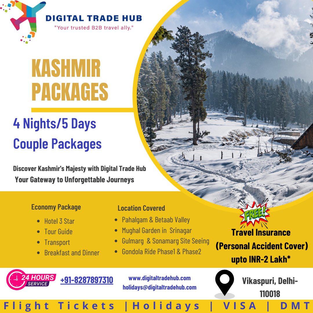 Escape to the Enchanting Kashmir!
Contact us at +91-82878-97310
holidays@digitaltradehub.com
#KashmirPackages #CoupleGetaway #DigitalTradeHub #EscapeToKashmir #TravelGoals 🌟