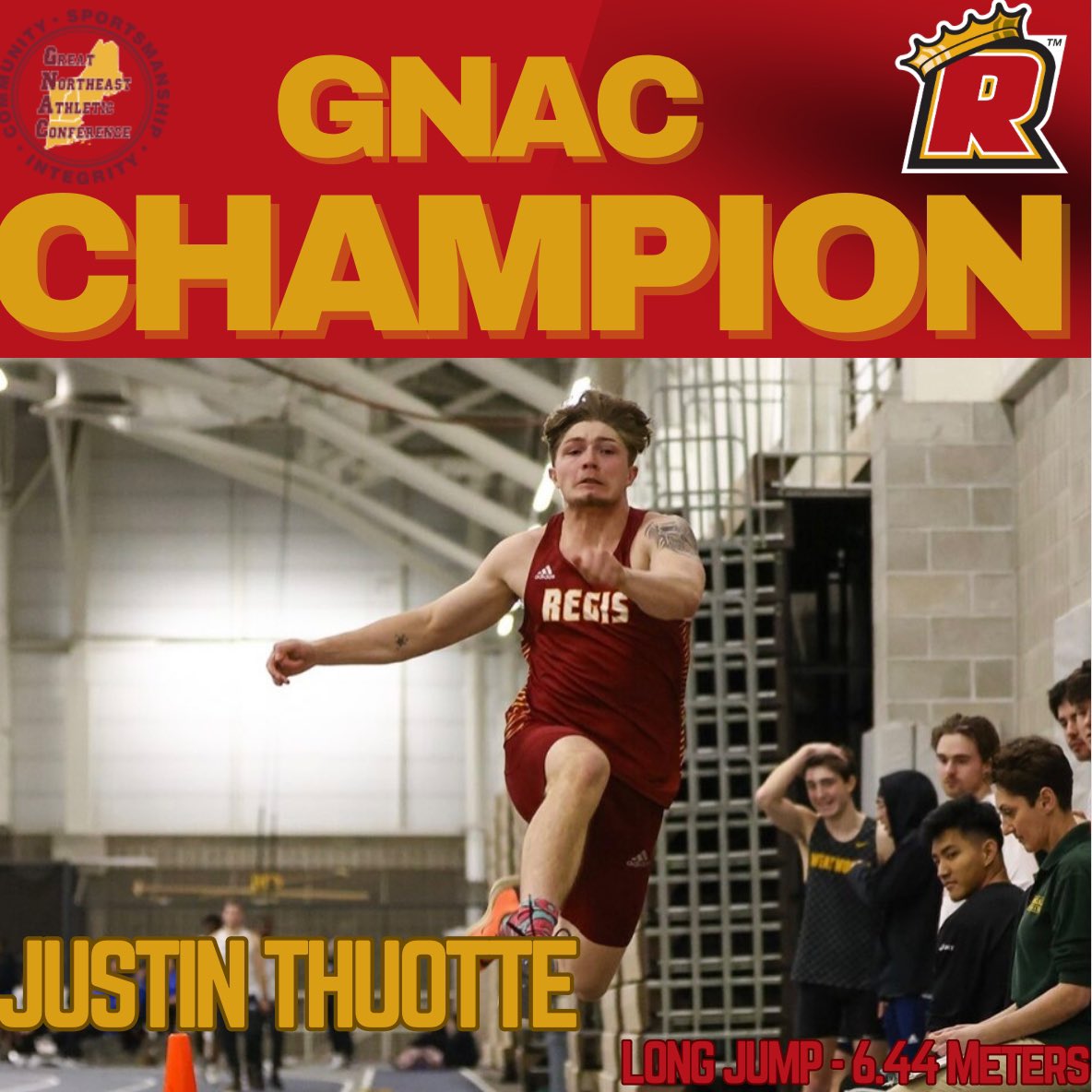 GNAC CHAMPION!!! Justin Thuotte wins long jump with mark of 6.44 meters. #RoarPride