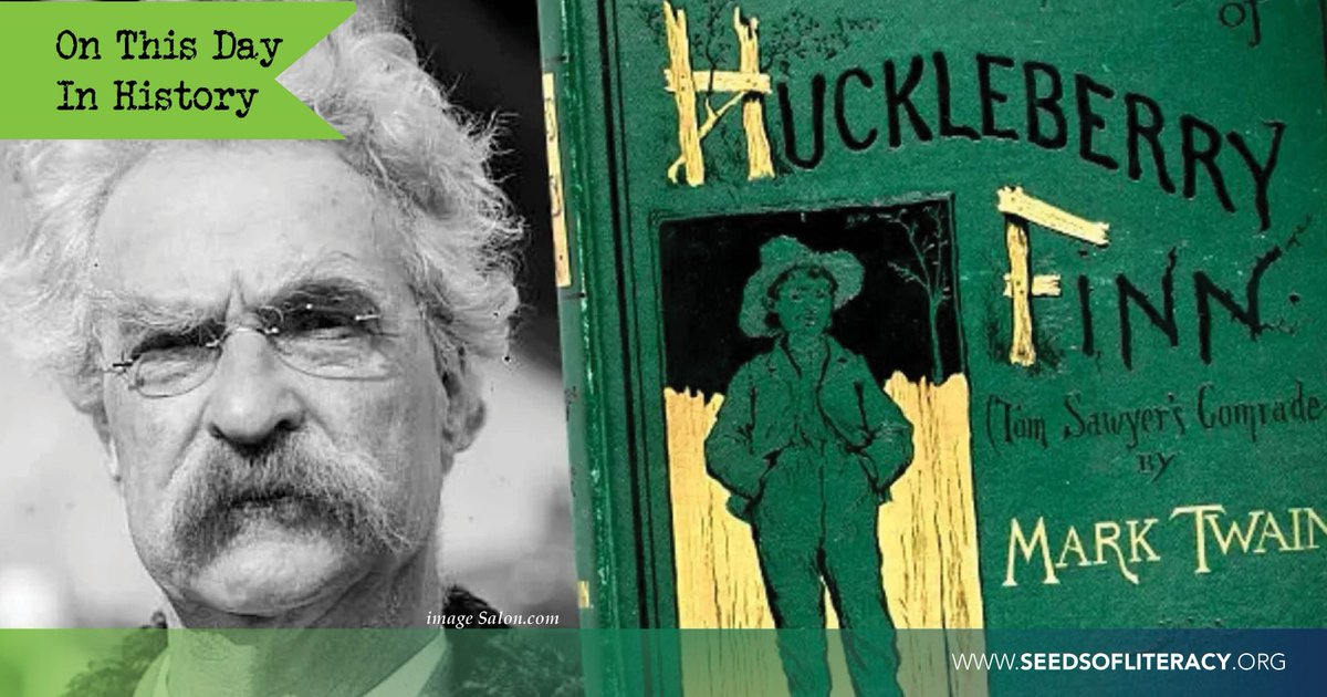 seedsofliteracy's tweet image. #OTDIH 1885 &quot;The Adventures of Huckleberry Finn&quot; released. Mark Twain&apos;s timeless tale of Huck Finn,  rebel with a heart of gold, took us on a journey of friendship and freedom, flipping the script on 19th-century America.  
#BannedBooks #ReadingLanguageArts #Literature
