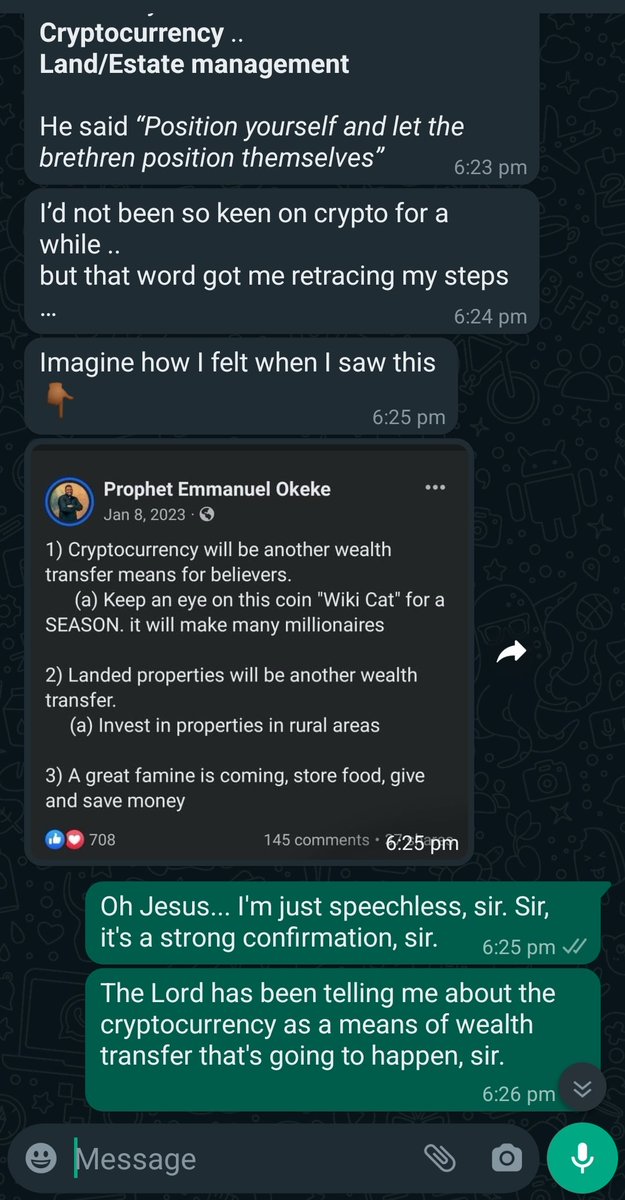 A father of faith recently reached out to me regarding the prophecy I shared last year. He confirmed that this year, the Lord also spoke to him about Cryptocurrency, Agriculture, and Real Estate being avenues for wealth transfer. Given his stature as a father of faith, take his