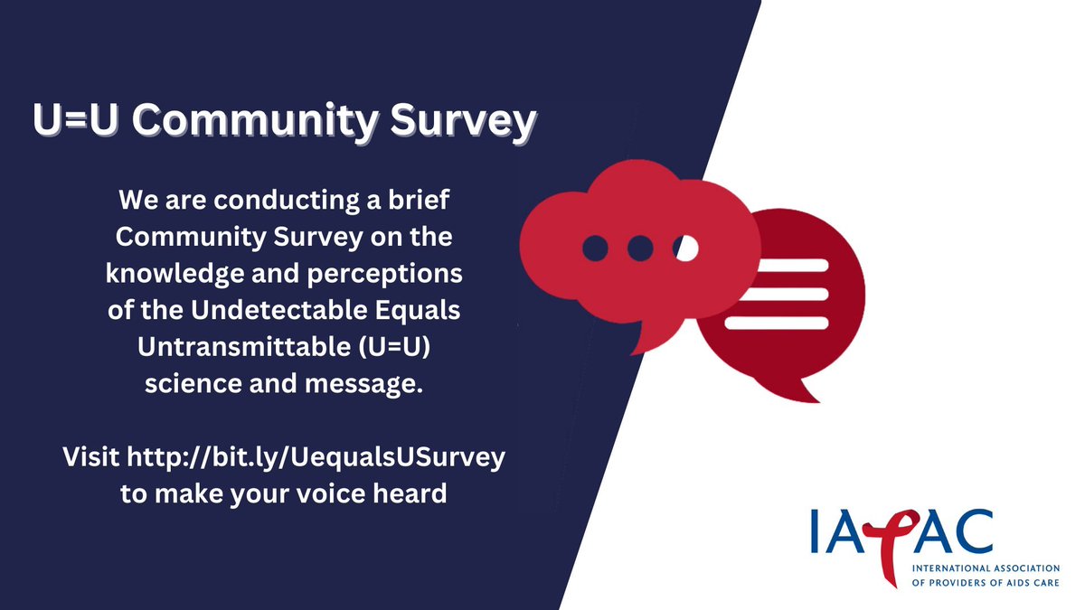 👉🏿Here's a great chance for people living w/ HIV to share input on #UequalsU! Are you fully confident in it? Has your healthcare professional told you about it? Is there enough public awareness? ✅Please take this very short anonymous survey from @IAPAC bit.ly/UequalsUSurvey