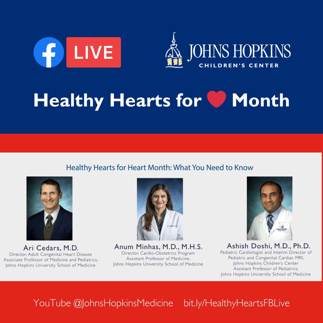 Cardiologists @AriCedars, @DrAnumMinhas + @Dr_AshishDoshi discuss a range of heart conditions affecting adults and children, and prevention tips. Learn more about our pediatric cardiac care and experts at HopkinsChildrens.org/Heart #HeartMonth 🎥 bit.ly/HealthyHeartsF…