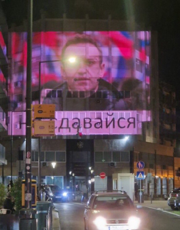 The Russian Embassy in Lisbon, Portugal tonight.

The text is of Navalny’s famous message from beyond the grave:

“Don’t give up!”