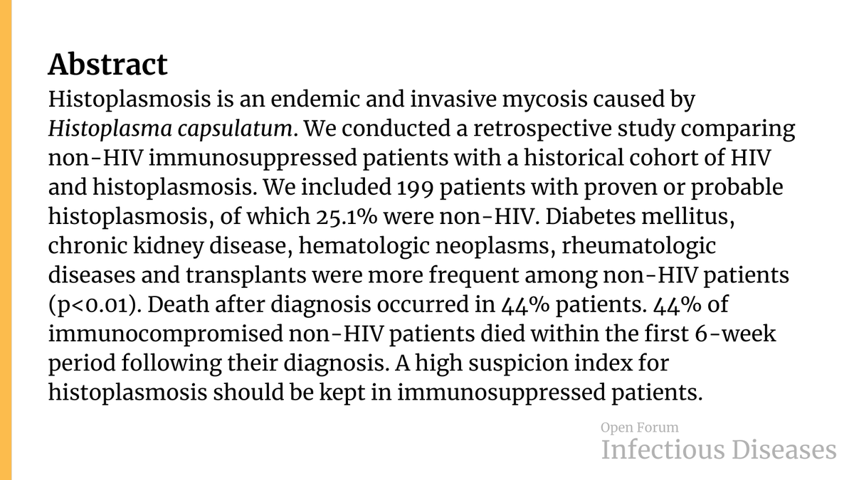 Histoplasmosis beyond HIV: Clinical characteristics and outcomes in non-HIV population ✅ Just Accepted 🔓 Open Access 🔗 bit.ly/3OQyNiv via @ferduende et al
